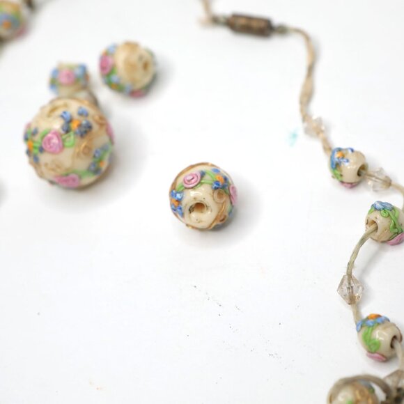 Vintage Murano Venetian Cream Wedding Cake Art Glass Beads Necklace 1930s Floral - Picture 5 of 11